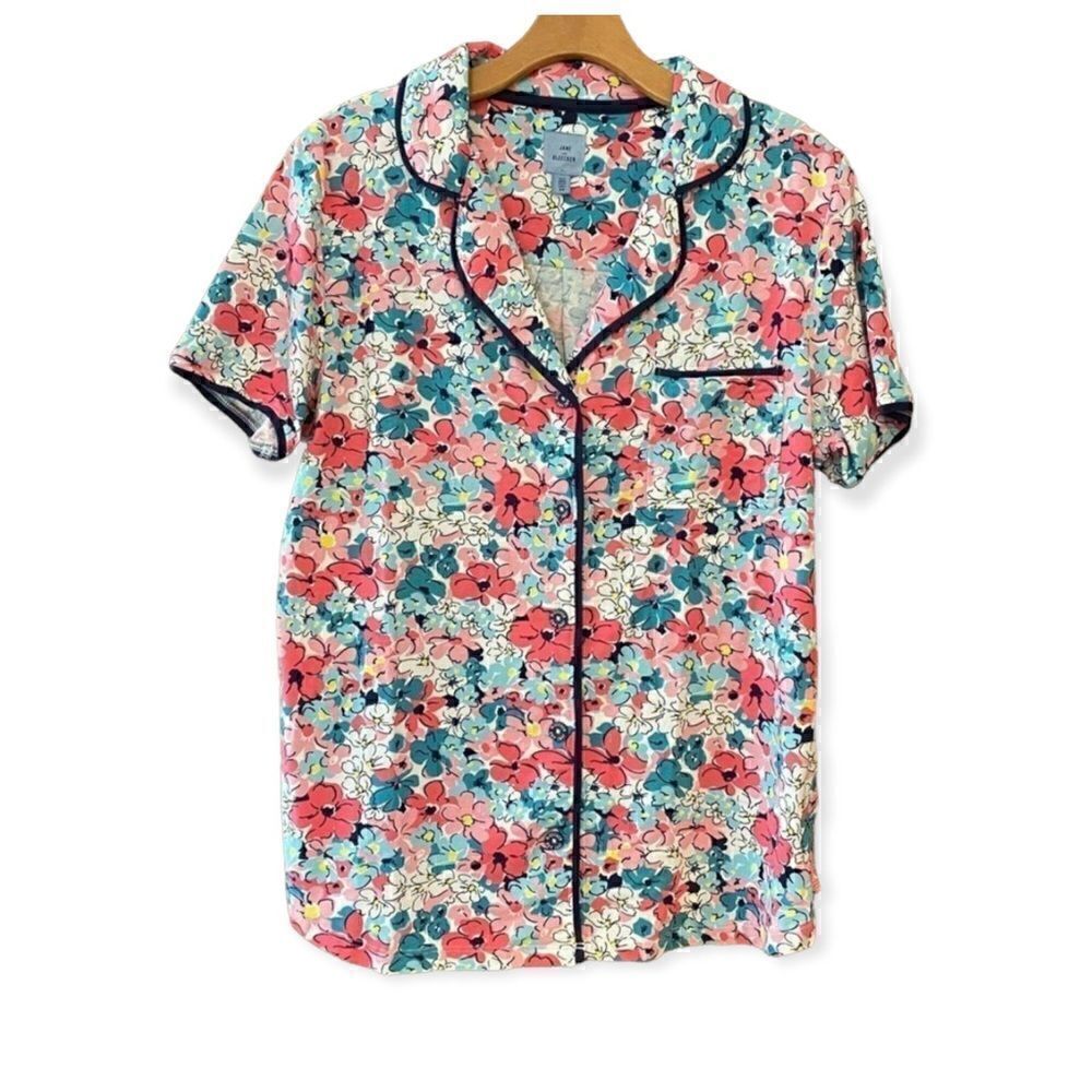 Jane and Bleecker Sz M Pink Floral Soft Button-Up Front Pocket Pajama Top